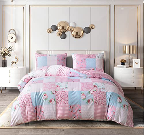 Best Linen 4 Piece Duvet Cover Set Microfiber Quilt Cover Pillow Case & Fitted Sheet Complete Bedding Set Easy Care Machine Wash Anti Allergic (Floral Pink, Double)
