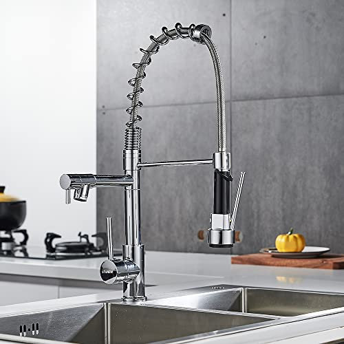 Robinet Cuisine avec 2 Jets,Robinetterie à Ressort Mitigeur Cuisine,Pivotant à 360,STANEW Froid & Chaud Disponible, Laiton chromé.
