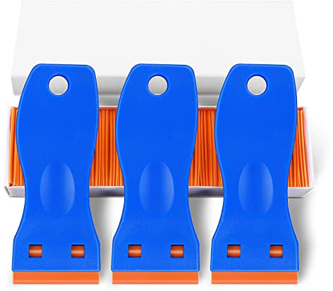 Grevosea 3Pcs Plastic Scraper Tool, Plastic Razor Scraper Tool with 100 Plastic Razor Blades Blue Razor Blade Scrapers for Sticker Labels Decals Remover Window Cleaning