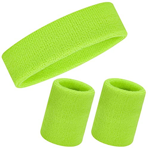 3-teiliges Schweißband-Set, Sport-Stirnband-Handgelenk-Schweißbänder Frottee-Baumwoll-Schweißband für sportliche Männer und Frauen (Neon Green)