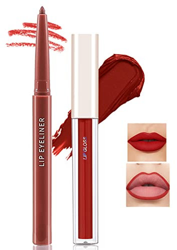 Boobeen Matte Lip Liner Pencil and Liquid Lipstick Set, Nude Dark Red Lip Makeup Long Lasting Waterproof Lipliner Pens & Plumper Lipgloss Velvet Lip Glaze Set Gift for Women and Girls