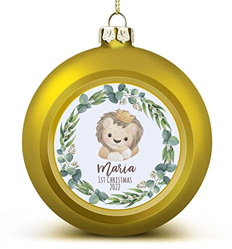 1 couronne de boules de Noël - Décoration de Noël - Lion mignon - Nom personnalisé - 1er Noël 2022 - Boules d'arbre pour les fêtes de Noël