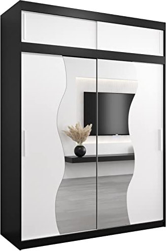 KRYSPOL Schwebetürenschrank Madryt 180 cm mit Spiegel Kleiderschrank mit Kleiderstange und Einlegeboden Schlafzimmer- Wohnzimmerschrank Schiebetüren Modern Design (Schwarz + Weiß mit Erweiterung)