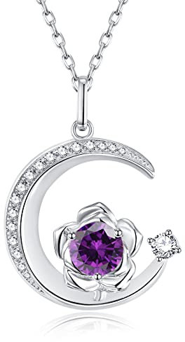 925 Sterling Silber Februar Geburtsstein Erstellt Amethyst Halskette Rose & Mond Anhänger Lila Edelstein Geburtstag Jahrestag Schmuck Geschenke für Frauen Mädchen Mutter Tochter, verstellbare Kette