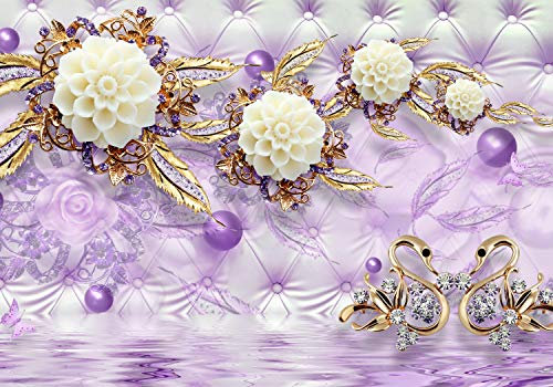 wandmotiv24 Fototapete Blumen Gold Diamanten Luxuriös violett, 400 x 280 cm - selbstklebende Vliestapete 150g, Wanddeko, Wandbild, Wandtapete, Wasser, Polster, violett M1972