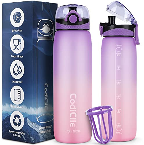 CodiCile Wasserflasche 1L Tritan, Trinkflasche 1l BPA frei, Spülmaschinensichere Sport Trinkflasche, Auslaufsichere Flasche mit Zeitmarkierung und Filter für Laufen, Fitness, Schule, im Freien