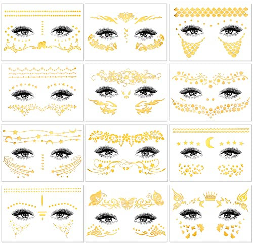 HOWAF 12 Stuck Festival Glitzer Gesicht Sticker, Metallic Flash Tattoo Glitzer Tattoo Goldene Freckles Klebe Tattoo Aufkleber fur Frauen Madchen Augen Gesicht Karneval Fasching Party Shows Make-Up