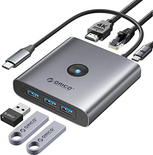 ORICO USB-C Hub, Dockingstation mit 3 USB-A-Anschlüssen, 4K-HDMI, Gigabit-Ethernet und 100 W PD-Ladung - kompakter und schneller Adapter für MacBook Pro und andere Typ-C-Geräte