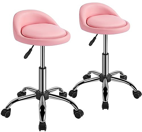 Yaheetech Set 2 Sgabelli con Ruote Regolabile in Altezza con Schienale Sedia Estetista Girevole per Toeletta Trucco Parrucchiere Salone in Ecopelle Rosa
