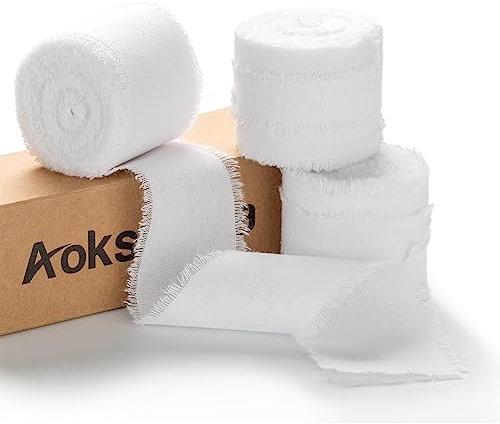 AOKSUNOVA 3,8cm Geschenkband Baumwolle Hochzeit Schleifenband Breit Weiss Stoffband Baumwollband Fransenband