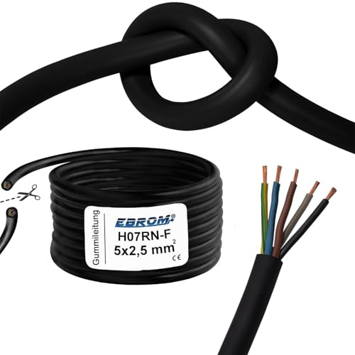 EBROM Gummileitung flexibel H07RN-F 5x2,5 mm² f. Wandladestation E-Auto 4 m | 3 bis 120 m - Gummischlauchleitung 5x2,5 mm2, als Zuleitung, Anschlusskabel für Elektroauto zur Ladestation Außenbereich IP44