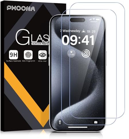 Phoona Protector de Pantalla para iPhone 15 Pro, 2 Unidades Cristal Templado Protector Pantalla para iPhone 15 Pro 5G, Dureza 9H, Sin Burbujas, Antiarañazos(6,1 pulgadas)
