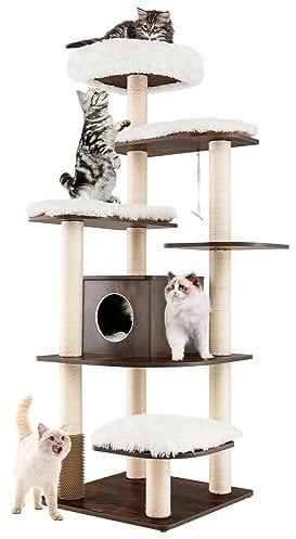 COSTWAY Wood Cat Tree, Tall Modern Cats Climbing Tower with Sisal Covered Scratching Posts, Washable Plush Cushions, Indoor Kitten Activity Furniture Play House