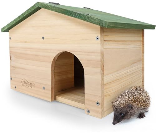 WILDLIFE HOME Igelhaus Winterfest aus Holz mit Boden & wetterfestem Satteldach I Igelfutterhaus I Katzensicher Igel Winterquartier für den Garten