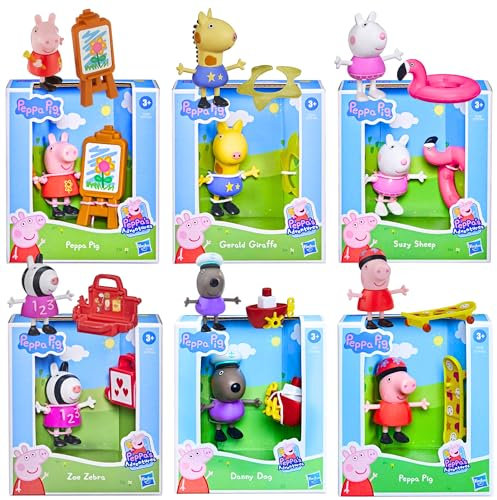 Toptoys2u Schnäppchenbündel Peppa Pig – 7,6 cm große, bewegliche bewegliche Figuren und Zubehör-Sets – Peppa Pig mit allen 6 Charakteren