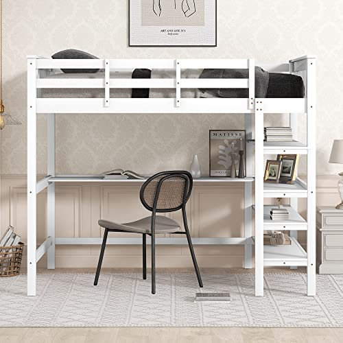 NNJN Cama alta con estantes y escritorio para debajo de la cama (blanco, 140 x 200 cm)