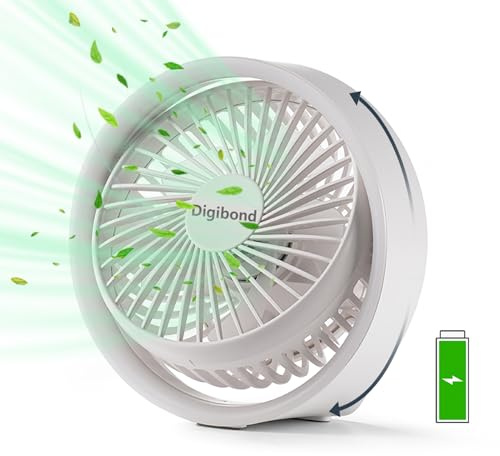 Digibond Small Desk Fan with Night Light/Hook Rechargeable Quite Personal Fan for Bedside/Bedroom/Desktop/Office Cleanable Blade 180°Rotated Mini USB Fan Cooling/Powerful(White)