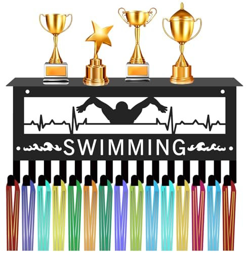 CREATCABIN Schwimmmedaillen-Aufhänger Mit Regal,Trophäen-Medaillenhalter,Sportregal,Eisenhaken,Wandhalterung,Dekor,Metall-Medaillenaufhänger,Organizer Aufhängen von,Schwimmer-Athene-Abzeichen,30x13cm