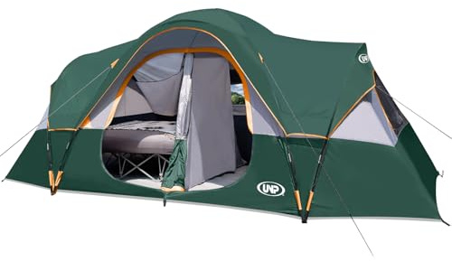 UNP Camping Tent 10-Person-Family Tents, Parties, Music Festival Tent, Big, Easy Up, 5 Large Mesh Windows, Double Layer, 2 Room, Waterproof, Weather Resistant, 18ft x 9ft x78in (Dark Green)