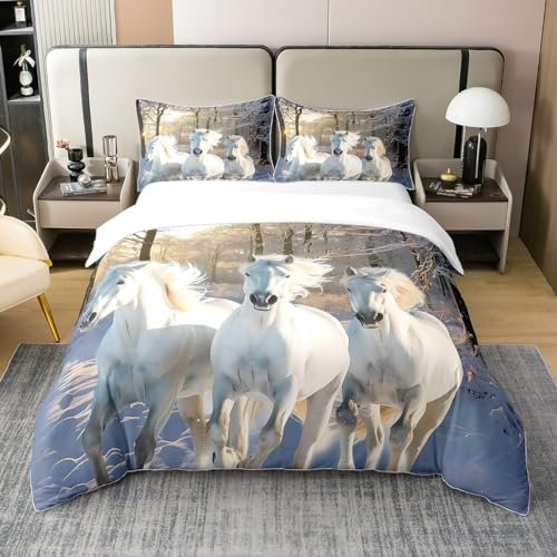 Coton 3D Cheval Blanc 220x240 Parure de Lit,Snow Tree Sunset Housse de Couette,Idéal pour Adolescents Adultes,Ensemble de Literie Cheval de Course,Woodland Wildlife Literie 2 Taies d'oreiller