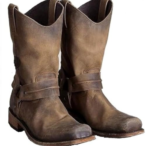 TangDao Bottes Mi-Mollet à Talons Bas de Hommes Bottes en Cuir Casual Vintage pour Hommes Bottines de cow-boy western Marron 46 EU