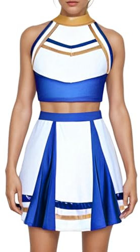 Odizli Cheerleader Kost�m Damen Glitzer Metallic 70er 80er 90er Jahre American Football CHEERS Neckholder Crop Top + Mini Rock Outfit Erwachsene Halloween Fasching Karneval Faschingskost�m Blau M