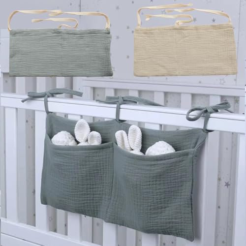 2 Stücke Babybett Organizer Hängend, Baby Kinderzimmer Organizer, Babybett Aufbewahrungstasche, Kinderzimmer Hängender Bett Organizer mit 2 Taschen für Windeln Kleidung Spielzeug (Grün+Milchweiß)