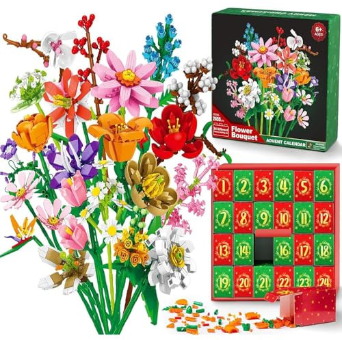 RPixc 2025 Adventskalender für Kinder Erwachsene Teens Weihnachten Countdown Kalender mit Blumenstrauß Künstliche Wildblumenziegel Geschenkset (a)