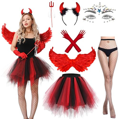 Aragallant 7 Piezas Alas de Ángel Rojo, Alas de Diablo Disfraz, Disfraz Ángel Mujer con Tutu Orejas Diablo Varita Mágica Medias Rejilla, Disfraces Adulto para Carnaval Cosplay Fiesta (Black-red)
