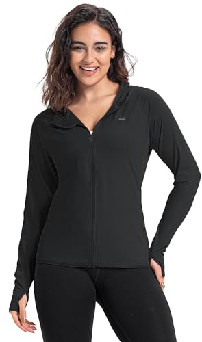 33,000ft Women's UPF 50+ Hoodie Jacket Lightweight Long Sleeve Sun Protection Shirt Full Zip Up Breathable Sportwear with Thumb Holes for Hiking Running Outdoor Black L