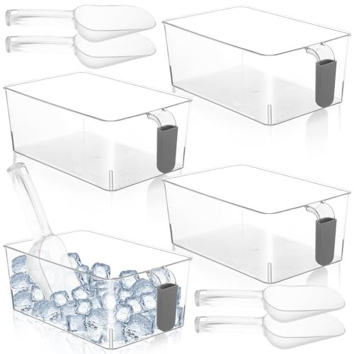4 Set Ice Bin and Flexible Scoop,Clear Ice Bin for Freezer Plastic Freezer Ice Bin with Pull out Handle,Ice Bucket with Flexible Scoop Ice Container with Ice Bucket Scoop for Kitchen(12 x 7x 4.4 in)