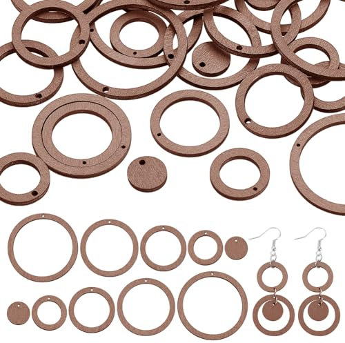 PH PandaHall 50 Stück 5 Größen Holz Ohrring Rohling 12~38mm Holzringe Flache Runde Holzanhänger Für Ohrringe Halsketten DIY Schmuckherstellung