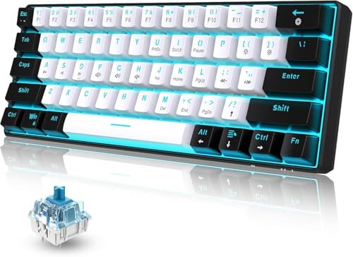 Snpurdiri 60% kabelgebundene Mechanische Gaming Tastatur, 61 Anti-Ghosting-Tasten, Blaue LED-Hintergrundbeleuchtung, ultrakompakte Zwei Ständer (Blauer Schalter/Schwarz Weiß Eisblau)