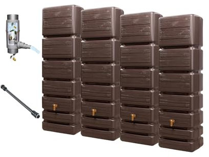 4rain Slim Wood Decor Wandtank-Set 1400 Liter Darkwood - Regentonne, Regenfass, Wassertank, Regenwassertonne, Wasserfass, Regenwassertank, Wassertonnen für Garten, Wassertonne, Fass