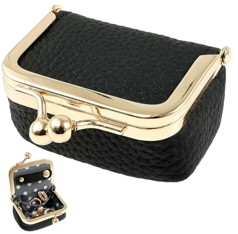 VAVPUP Schmuckschatulle Klein,Schmuckkästchen aus echtem Leder mit Kussverschluss,Retro Kussschloss Design,Reise Schmuck Etui,Tragbares Schmucketui für Ohrringe,Halsketten,Ringe,Ohrstecker(schwarz)