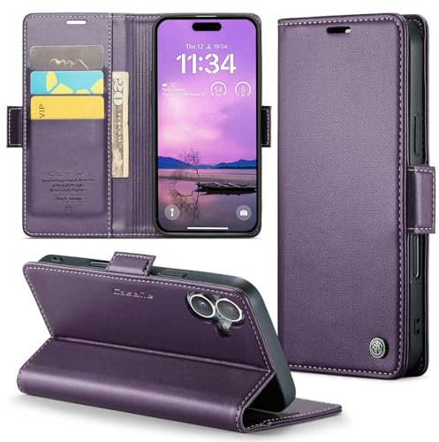 Rerzoiro for iPhone 16 Case 6.1 Inch, Premium PU Leather Wallet Case Flip Cover with [RFID Blocking][Card Holder][Stand Function] Shockproof Protective for iPhone 16, Purple