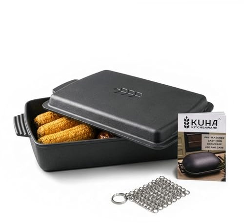 KUHA Square Cast Iron Dutch Oven 2-in-1 | Pre-Seasoned Cast Iron Cookware | Skillet Lid & Casserole Dish | For Baking, Roasting & Grilling | Chainmail Scrubber Included | 13 x 9, 6 QT
