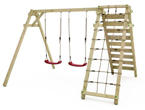 Wickey Smart Cliff Kinderschaukel, Schaukelgestell, Schaukel, Schaukelgerüst, Doppelschaukel, Holzschaukel mit Kletteranbau für Kinder im Garten mit 2 Schaukelsitzen - rot