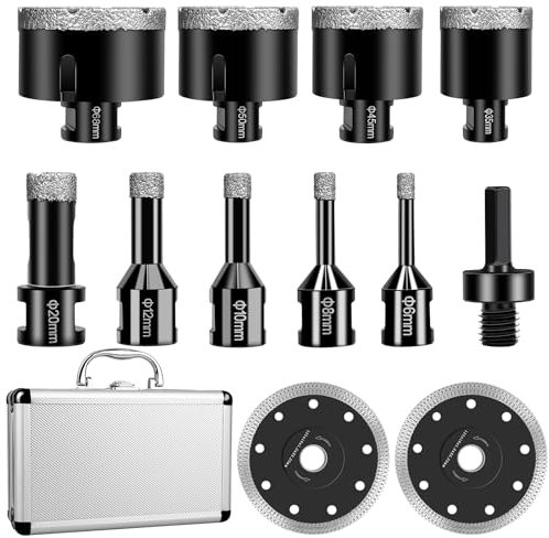 WUDLEP Diamant-Lochsägen-Set für Fliesen, 12-teilig – 6/8/10/25/35/50/65 mm Kernbohrer mit Sechskantadapter und 2-teiliger 125-mm-Diamantklinge und für Fliesen, Porzellan, Marmor