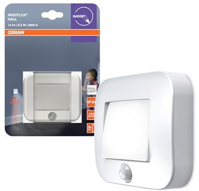 OSRAM NIGHTLUX Hall Nachtlicht, Weiß, Bewegungssensor, IP54, batteriebetrieben, 4000 K kaltweiß, ideal für Flure, Eingänge und flexible Montage