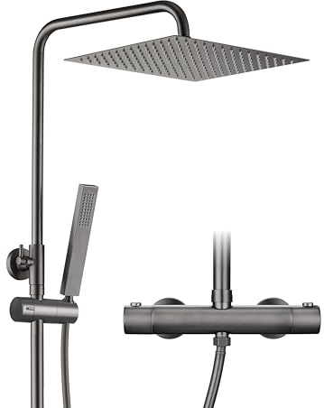 Görbach Columna de Ducha con Termostático Grifo Gris Gunmetal cepillado Conjunto Ducha con Barra de ducha de Altura Adjustable Juego de ducha con Alcachofa y Cabezal Ducha Rociador 25 x 25 cm