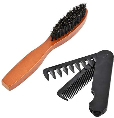 Ziyonix 1Pcs Bartbürste mit Wildschweinborsten und 1Pcs Tragbarer Klappkamm für Herren Bartkamm Männer Beard Brush Tägliche Bartpflege, Haare- & Schnurrbartstyling (2 Stück)