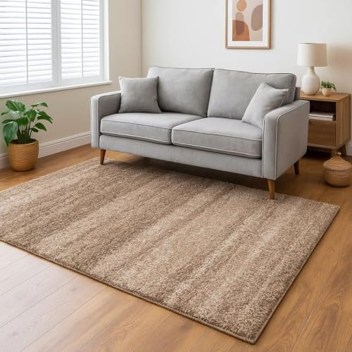 Beige Brown Cream Stripe Pattern Shaggy Runner Soft Hallway Kitchen Rug 60cm x 240cm (1ft 12 x 7ft 10)