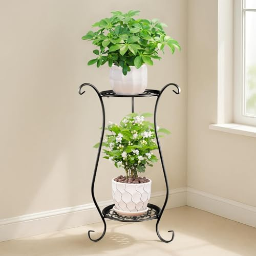 Y.H BLISSHAVEN 2 Tier Metal Plant Stand Indoor Outdoor, Tall Flower Pot Holder Display Rack, Plant Shelf Table for Garden Patio Balcony Living Room Corner, Black Metal Plant Rack 61x33cm (Black)