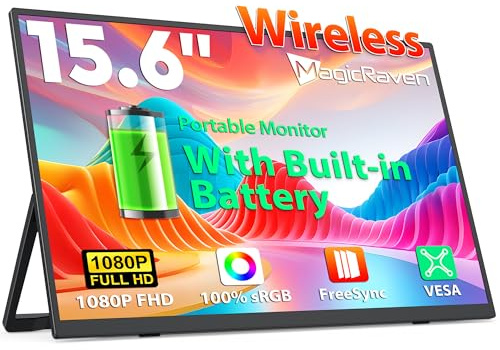 MAGICRAVEN schermo portatile wireless 8000mAh alimentato a batteria, monitor portatile per laptop IPS 1080P da 15,6, portable monitor con altoparlanti, supporto AirPlay/Miracast, per laptop/telefono