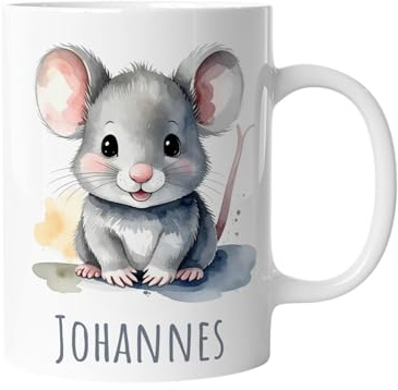 timalo Kindertasse mit Namen | Süße graue Maus, lachend | Personalisierte Keramik Tasse mit Tieren | für Kinder, Jungen & Mädchen – Geschenk, Geburtstagsgeschenk, Namensgeschenke, Kaffeetasse