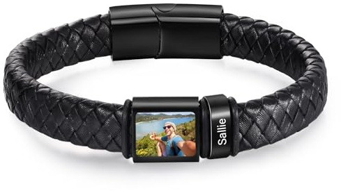 lorajewel Personalisiertes Herren Armband mit Namen Foto Leder Armband Geschenk für Männer Papa Opa Ehemann Freund