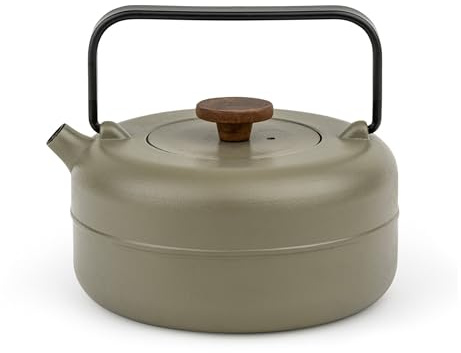 Bredemeijer kleine Guss Teekanne 0,75 Liter - gusseiserne Kanne in Khaki-Grün mit Deckelknauf aus Holz & Edelstahl-Teefilter - für alle Teesorten geeignet