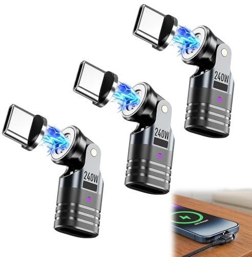 Menibeuty 3 Stück 240W USB C Magnet Adapter, USBC auf USB C Adapter, USBC 90 Grad Adapter 3 Stück 540° Drehung, Winkelstecker 90 Grad Ladekabel Adapters, Type C Winkelstecker für Phone Laptops
