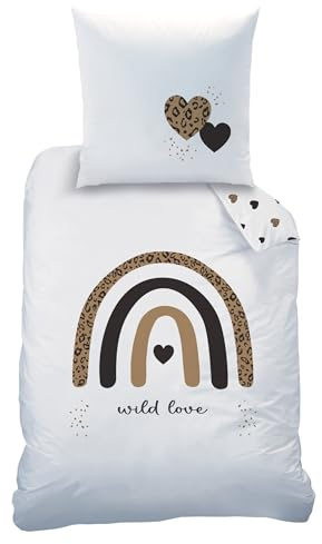 MTOnlinehandel Leoparden Bettwäsche 135x200 + 80x80 cm – Boho Regenbogen Design, Renforcé Baumwolle, Öko-Tex Zertifiziert, Reißverschluss – „wild Love“ Kinder, Teenager, Erwachsene